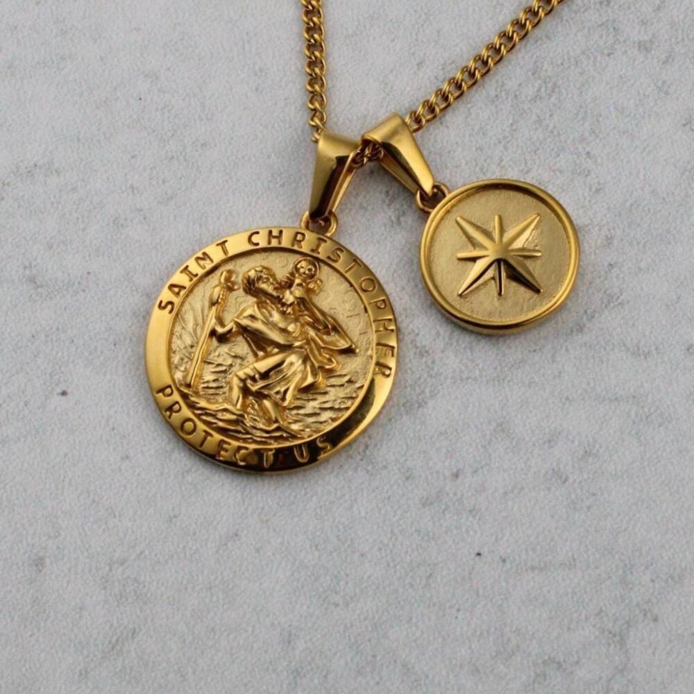 Gold Saint Christopher & North Star Pendant Necklace Set